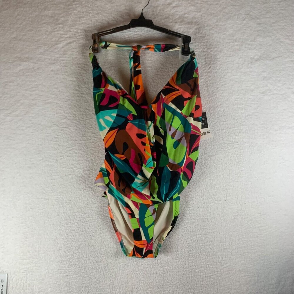 Bar III Womens Cowl Neck Cut Out Multicolor Halter One Piece Swimsuit Size M NWT